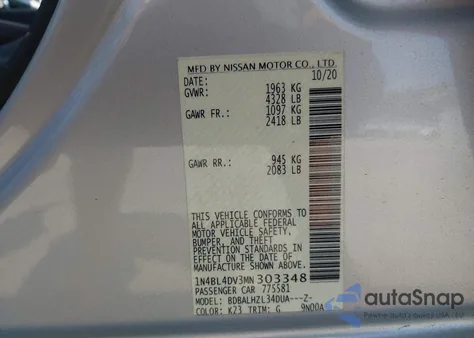 2021 Nissan Altima Sv Fwd from USA, damaged, VIN 1N4BL4DV3MN303348
